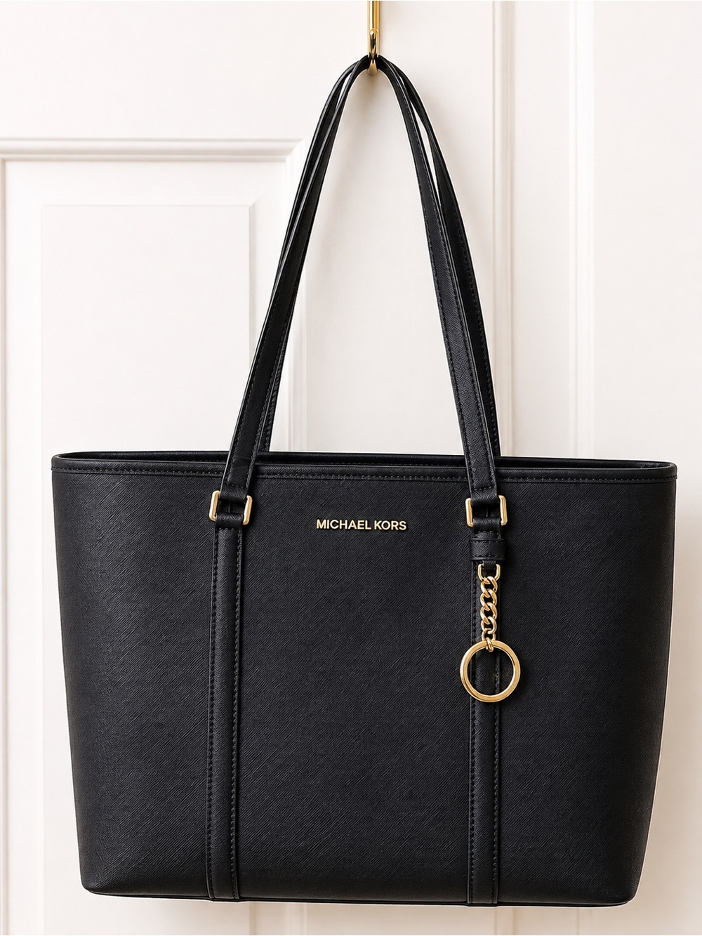 Michael Kors Black Saffiano Leather Double-Handle Tote with Gold Accent